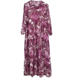 MODAPHINAN Bohemian Leaf Print Maxi Dress Long Sleeves